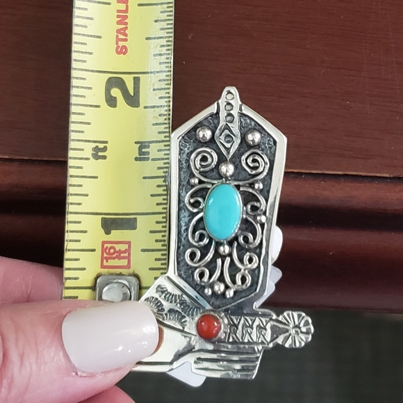 LARGE STERLING SILVER NATIVE AMERICAN SW TURQUOISE CORAL COWBOY BOOT RING - Picture 4 of 5